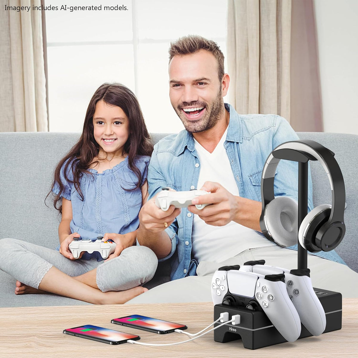 Cargador para PS5 con puerto de carga USB y toma de corriente, estación de carga RGB DualSense para controles de Playstation 5 con soporte para audífonos, accesorios PS5