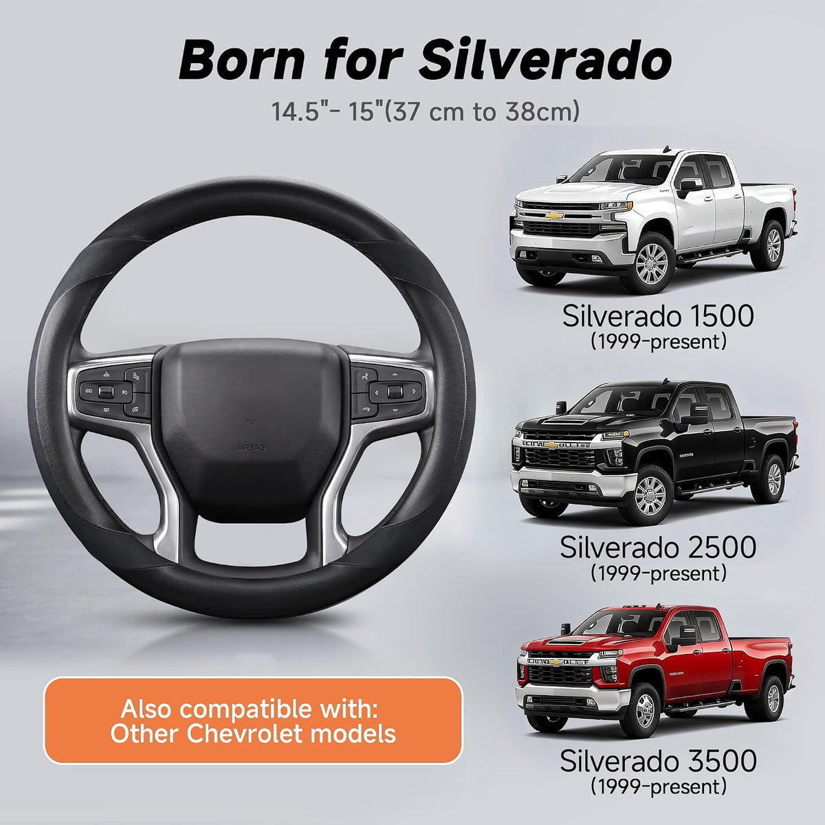 West Llama Funda de volante de fibra de carbono para Chevy Silverado 1500, 2500, 3500 1999-2026, 14.5-15 pulgadas (negro, tamaño estándar)