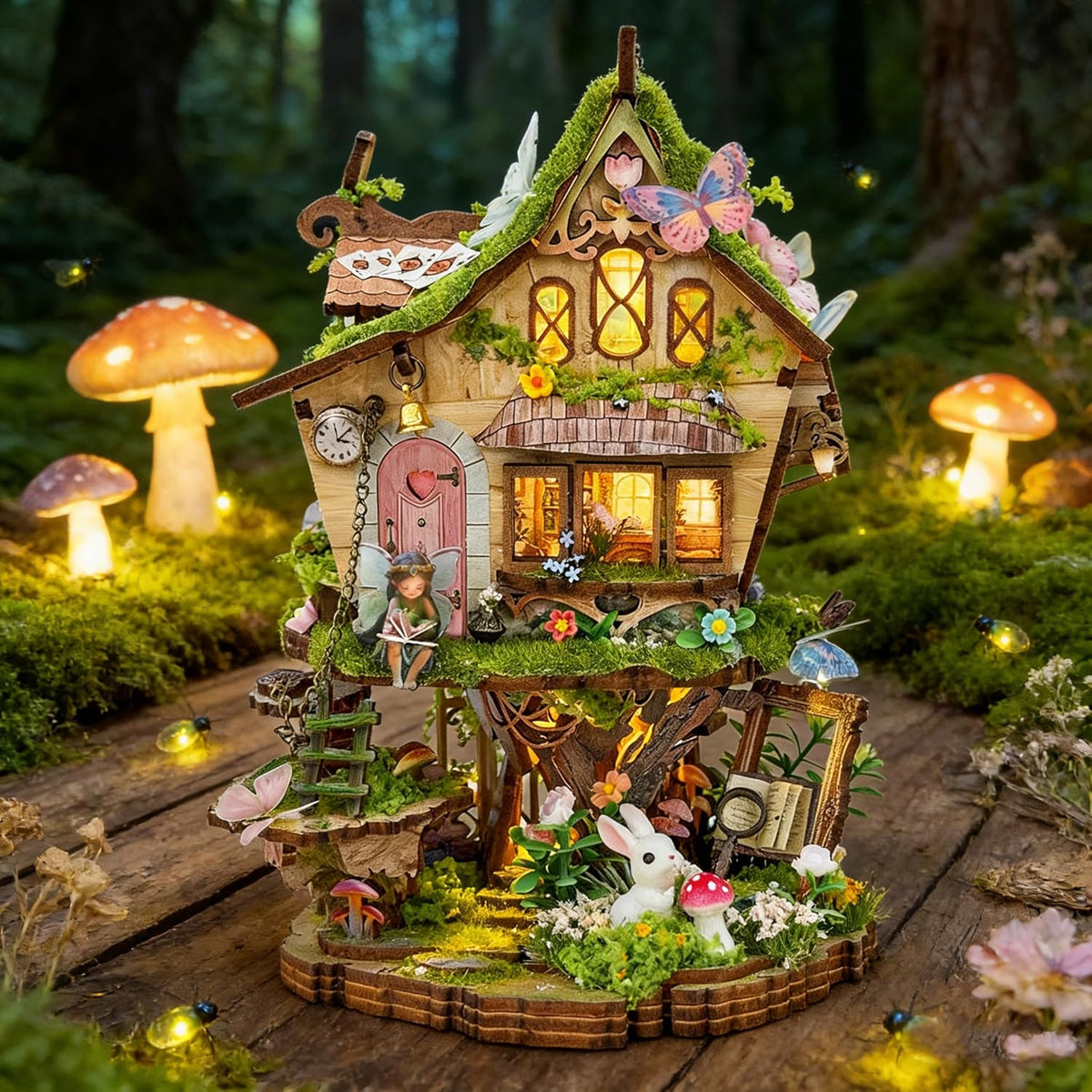 Kit de casa en miniatura, rompecabezas de madera 3D para adultos, rincón de libro, casa de árbol