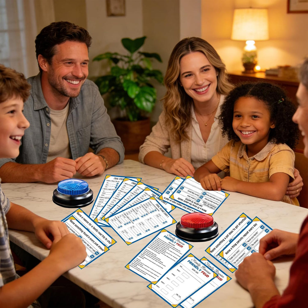 Juego de peleas familiar con 2 zumbadores de respuesta, divertido juego de cartas de preguntas para preguntas y preguntas para la noche de juegos familiares, reuniones de vacaciones, fiestas y