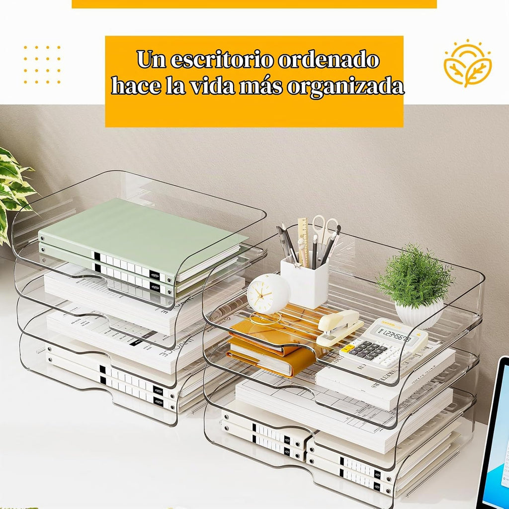 Organizador de escritorio de oficina transparente para papel de letras A4, horizontal de 4 niveles