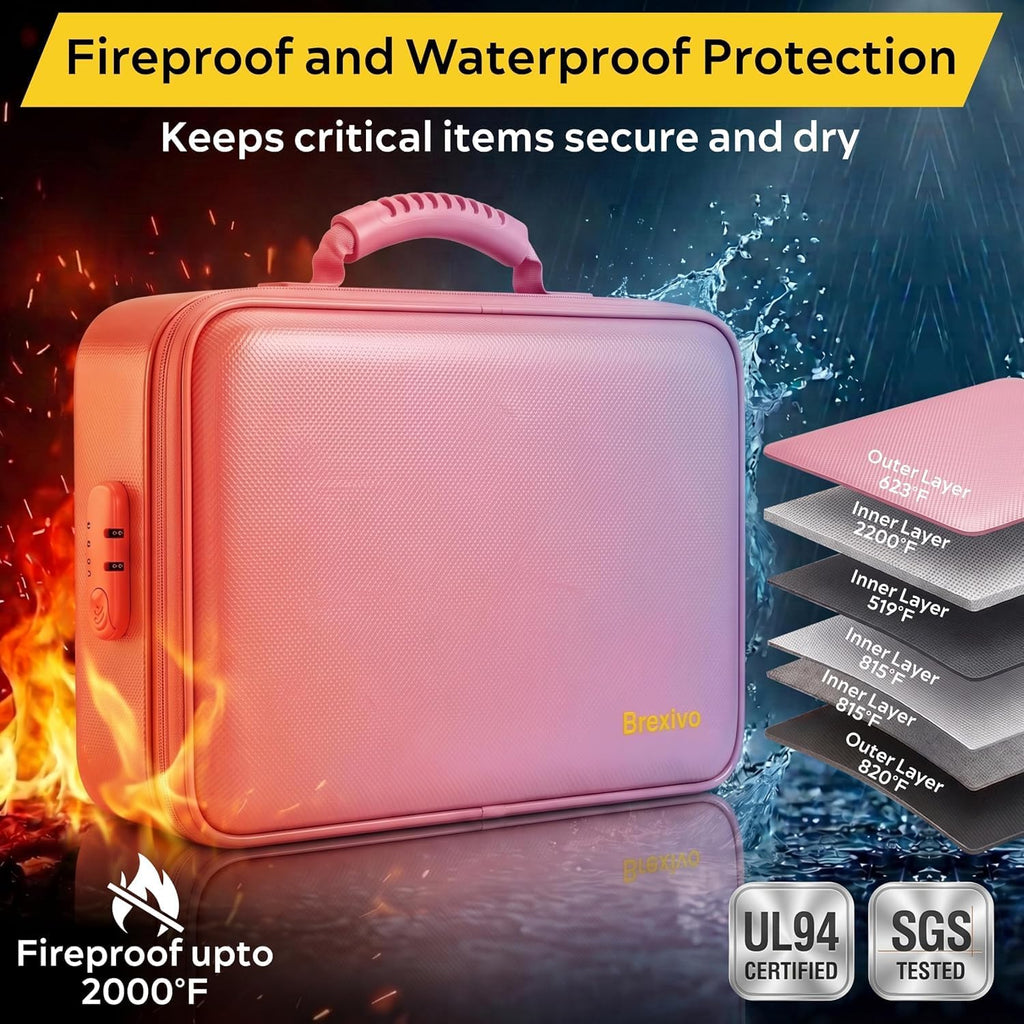 Caja de Documentos a Prueba de Fuego con Cierre, Carpeta Fija Resistente al Agua (Rosa - Maletín)