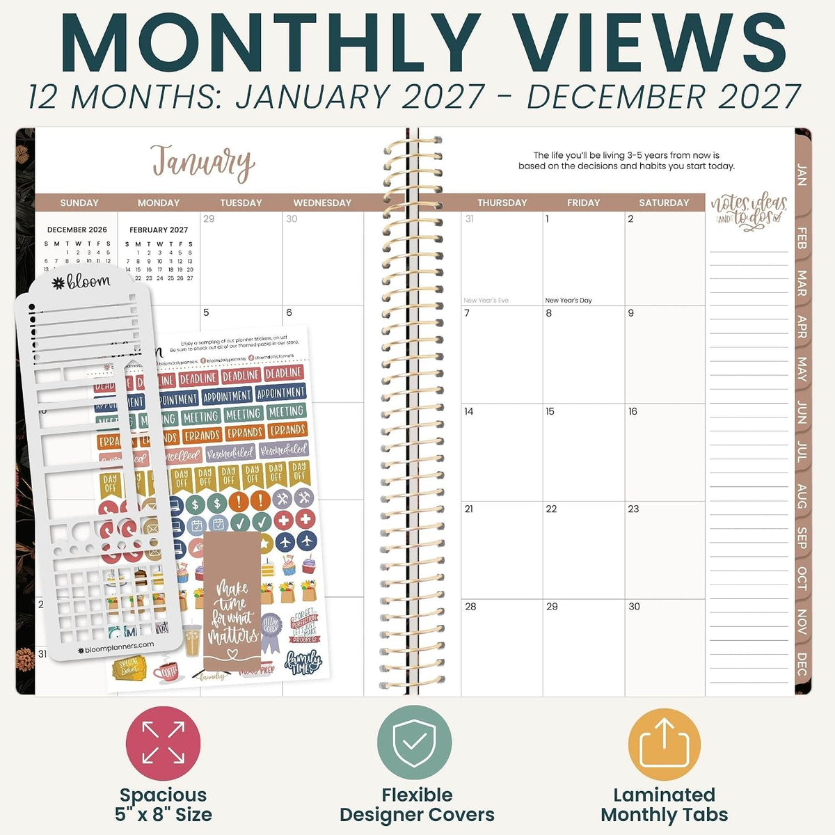 bloom daily planners Agenda 2027 con plantilla para mujer (enero a