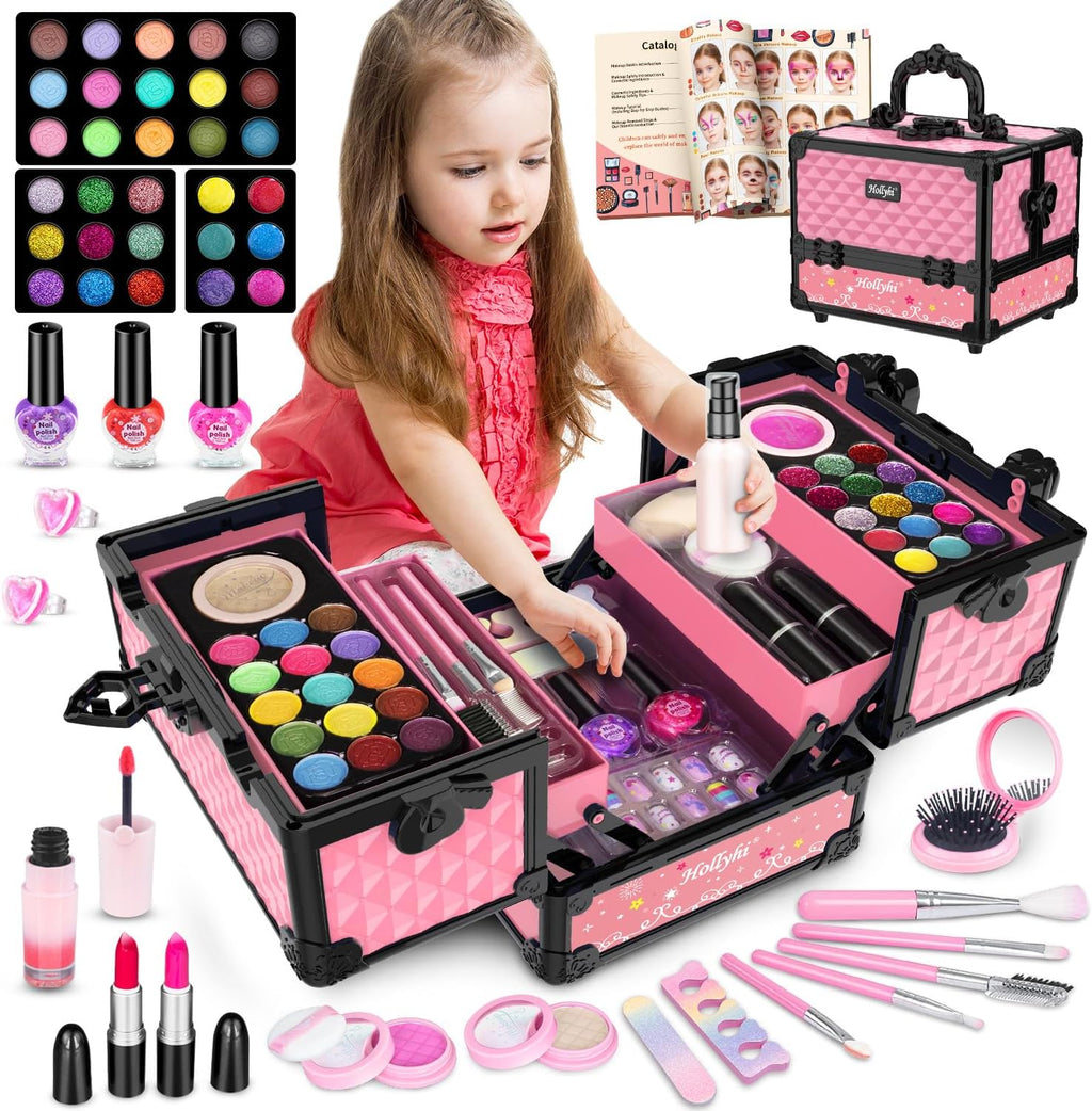 Juego de 59 piezas de maquillaje para niñas, juego de juguetes de maquillaje lavables para disfrazarse, juego de tocador de belleza con estuche de cosméticos, juguetes de cumpleaños para niñas