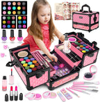 Juego de 59 piezas de maquillaje para niñas, juego de juguetes de maquillaje lavables para disfrazarse, juego de tocador de belleza con estuche de cosméticos, juguetes de cumpleaños para niñas