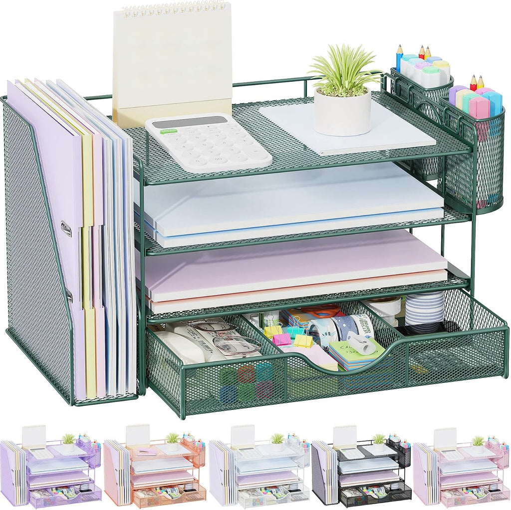 Lámpara gianotter Organizador de escritorio de 4 niveles con cajones, soportes para archivos, bandejas para cartas y soportes para bolígrafos, accesorios de espacio de trabajo para suministros de oficina