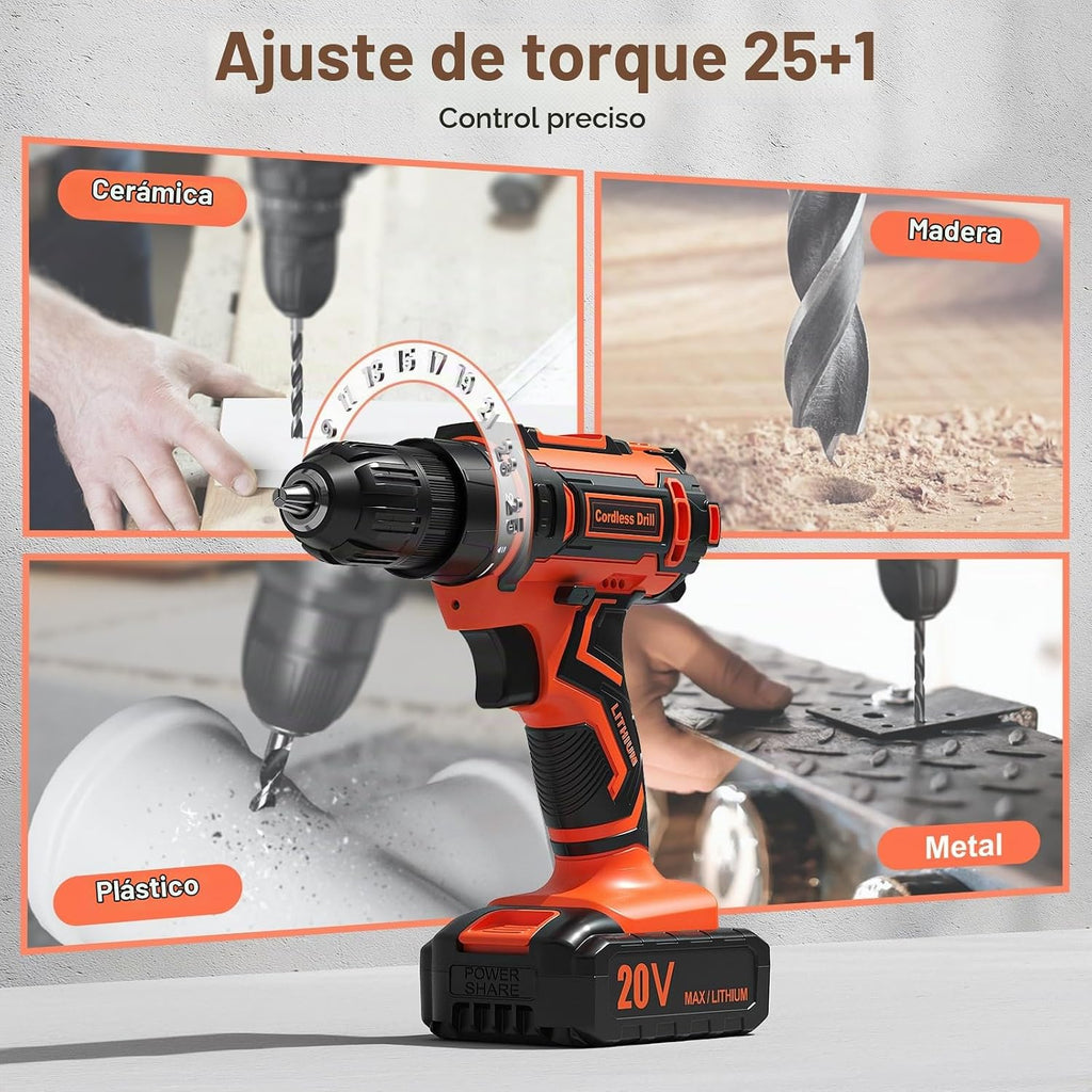 Juego de brocas inalámbricas, taladro eléctrico de 20 V con paquete de potencia de 2.0 Ah y cargador, taladro eléctrico de portabrocas sin llave de 3/8 pulgadas, posición 25+1