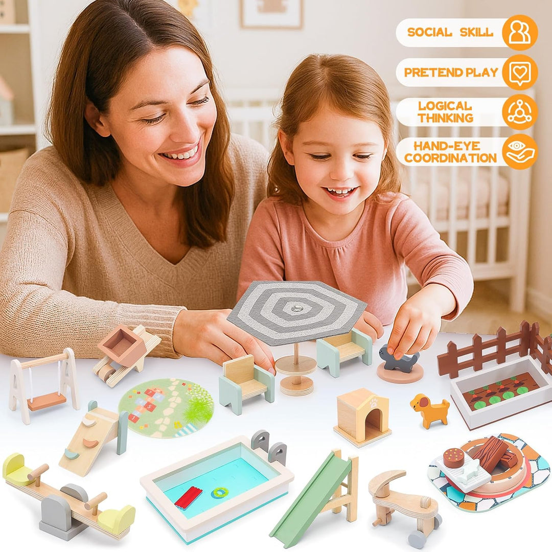 HAPGFS Casa de muñecas de madera, muebles y accesorios para exterio...