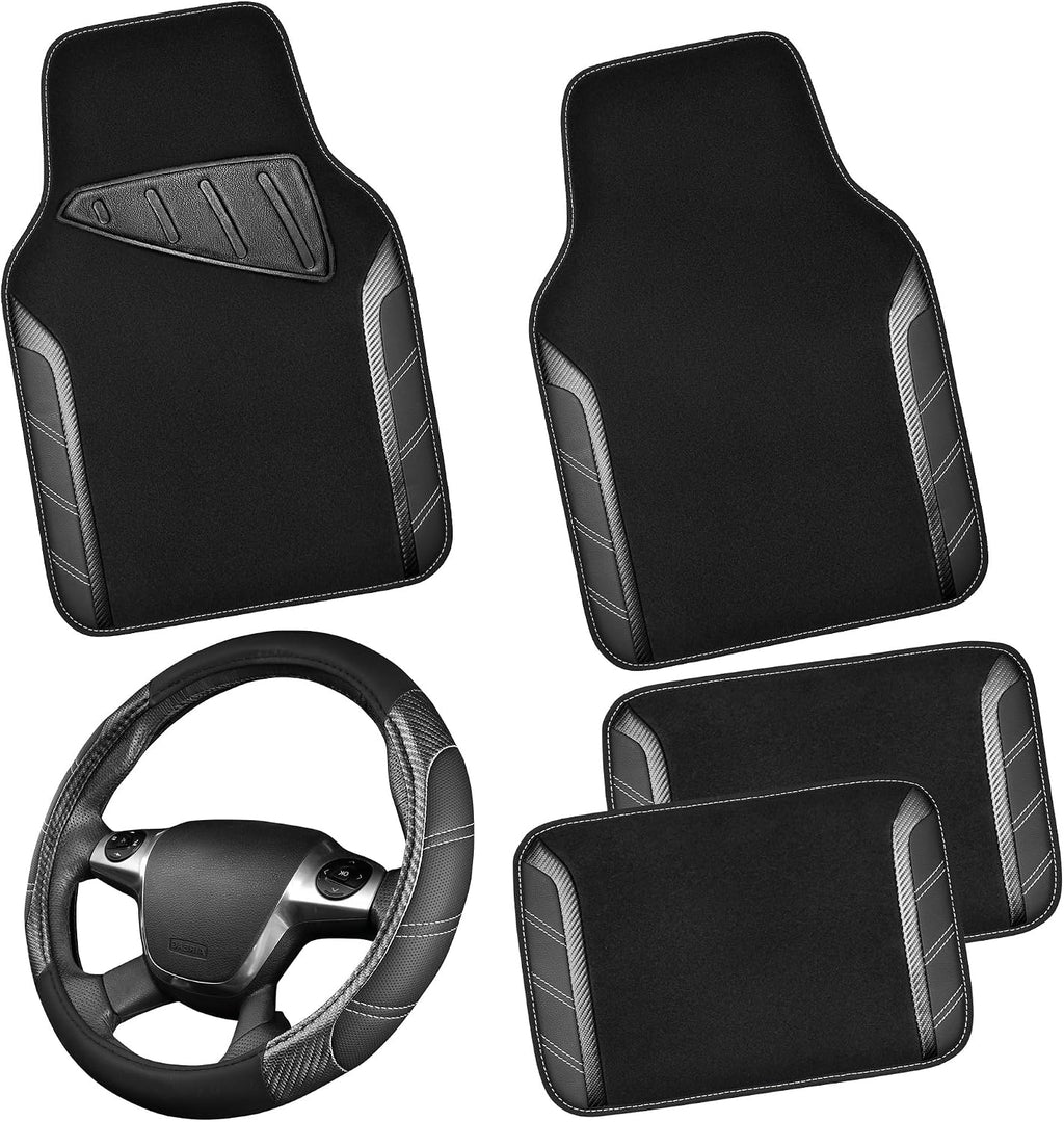 CAR PASS Funda de cuero para volante y alfombrillas impermeables para automóvil, combo universal de microfibra para autos que se adapta al 95 % de sedanes, SUV, vehículos, 14.5-15 pulgadas, diseño