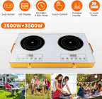 Placa eléctrica de cerámica doble de 7000 W, estufa de encimera de doble quemador, placa infrarroja con 11 niveles de potencia, temporizador de 0 a 4 horas, mango portátil, pantalla LED para cocina