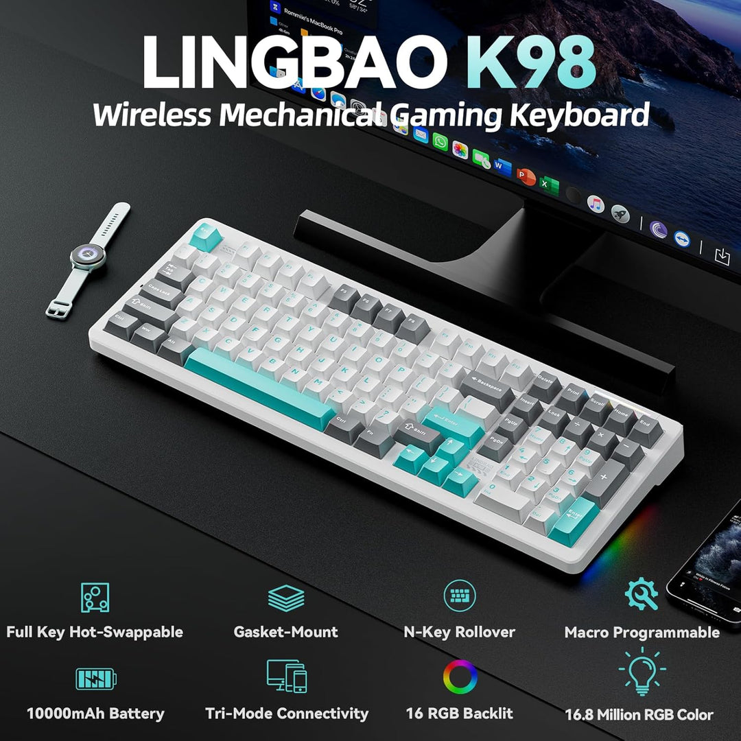 LINGBAO K98 - 96% teclado mecánico inalámbrico, batería de 10000 mA...