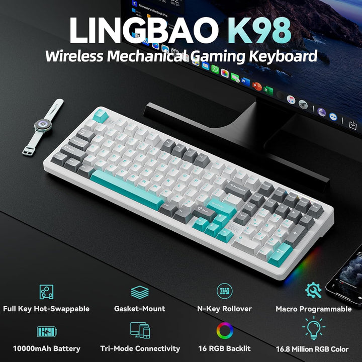 LINGBAO K98 - 96% teclado mecánico inalámbrico, batería de 10000 mA...