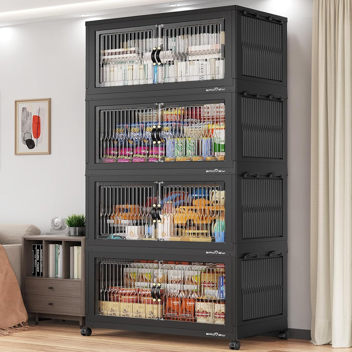 BROVIEW 800Qt Contenedores de Almacenamiento Apilables Extra Grandes con Tapa, Organizador de Armario Cajones Plegables con Ruedas, Contenedores de Gabinete de Plástico Plegables para Organización del Hogar, Cocina, Habitación, Paquete de 4 Negro