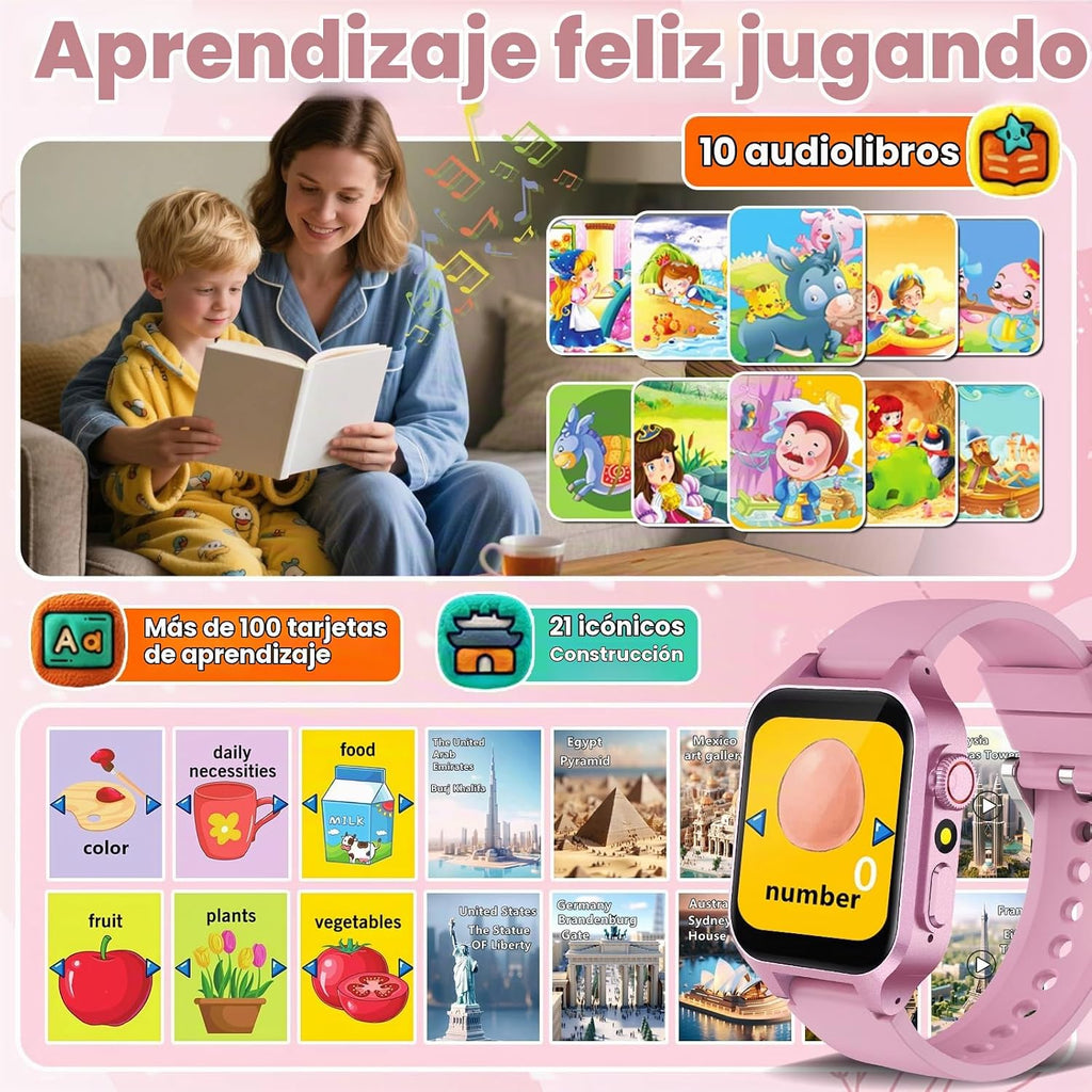 Relojes inteligentes para niñas de 3 a 12 años, juguetes de aprendizaje con 32 juegos, audiolibros, tarjetas de aprendizaje, cámara de video HD, pantalla táctil, música, podómetro, sistemas de aprendizaje, regalo de cumpleaños