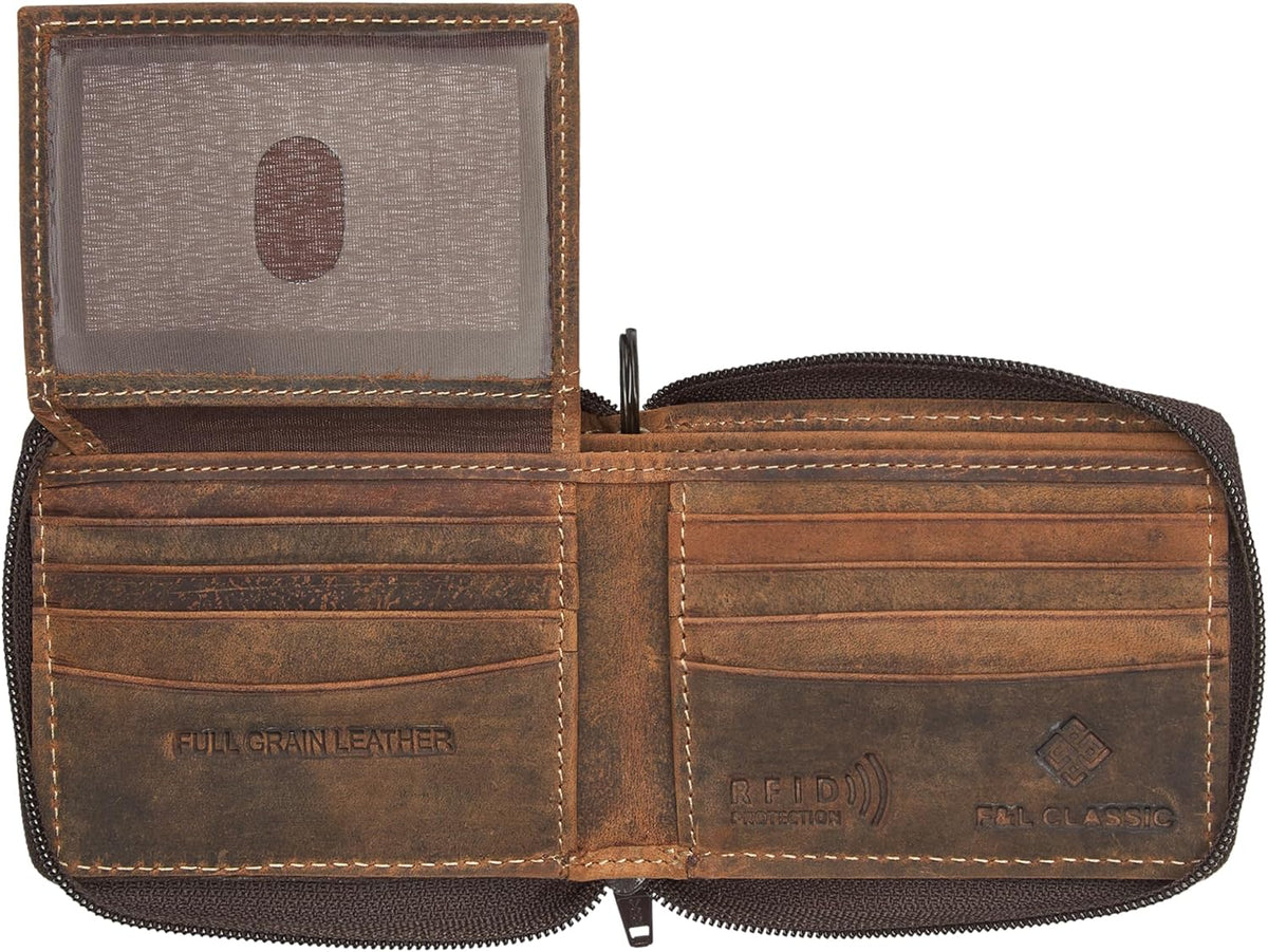Cartera de cadena de acero con cierre de cremallera de cuero de grano