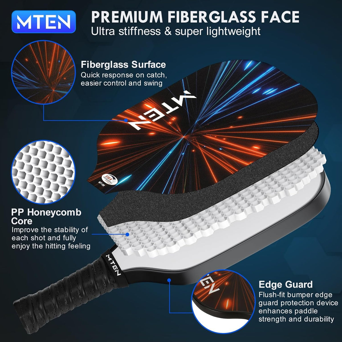 MTEN Palas de Pickleball Set de 2/4/1 Aprobadas USAPA; Raquetas de Fibra de Vidrio