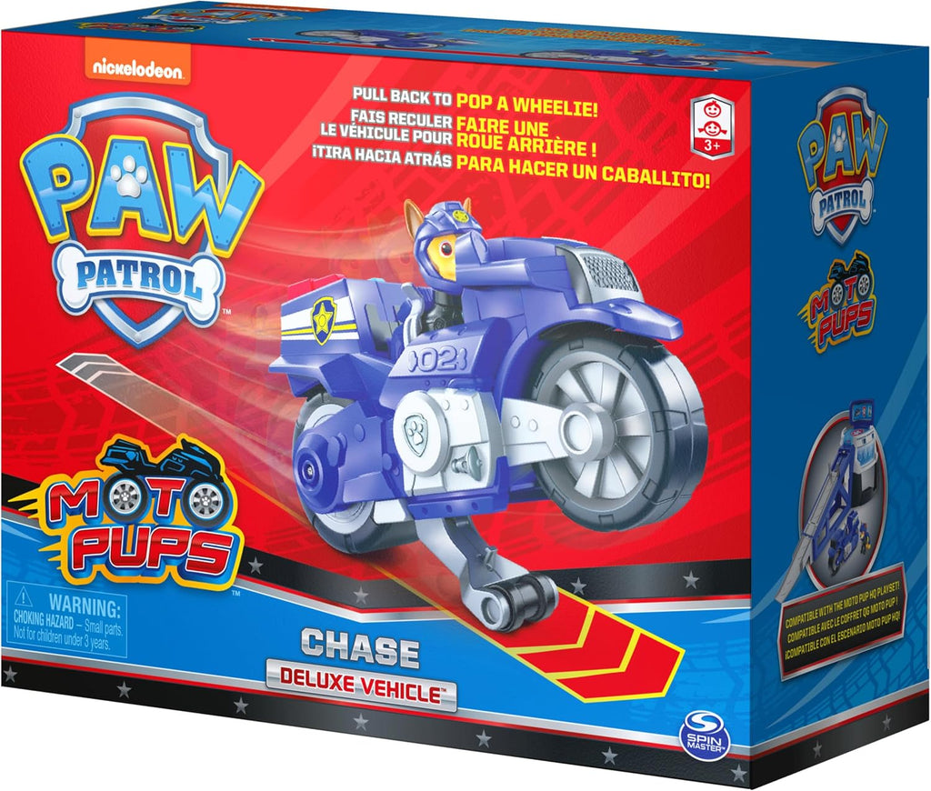 Paw Patrol, Moto Pups Deluxe de Chase, vehículo de motocicleta de tracción que hace piruetas y figura de juguete