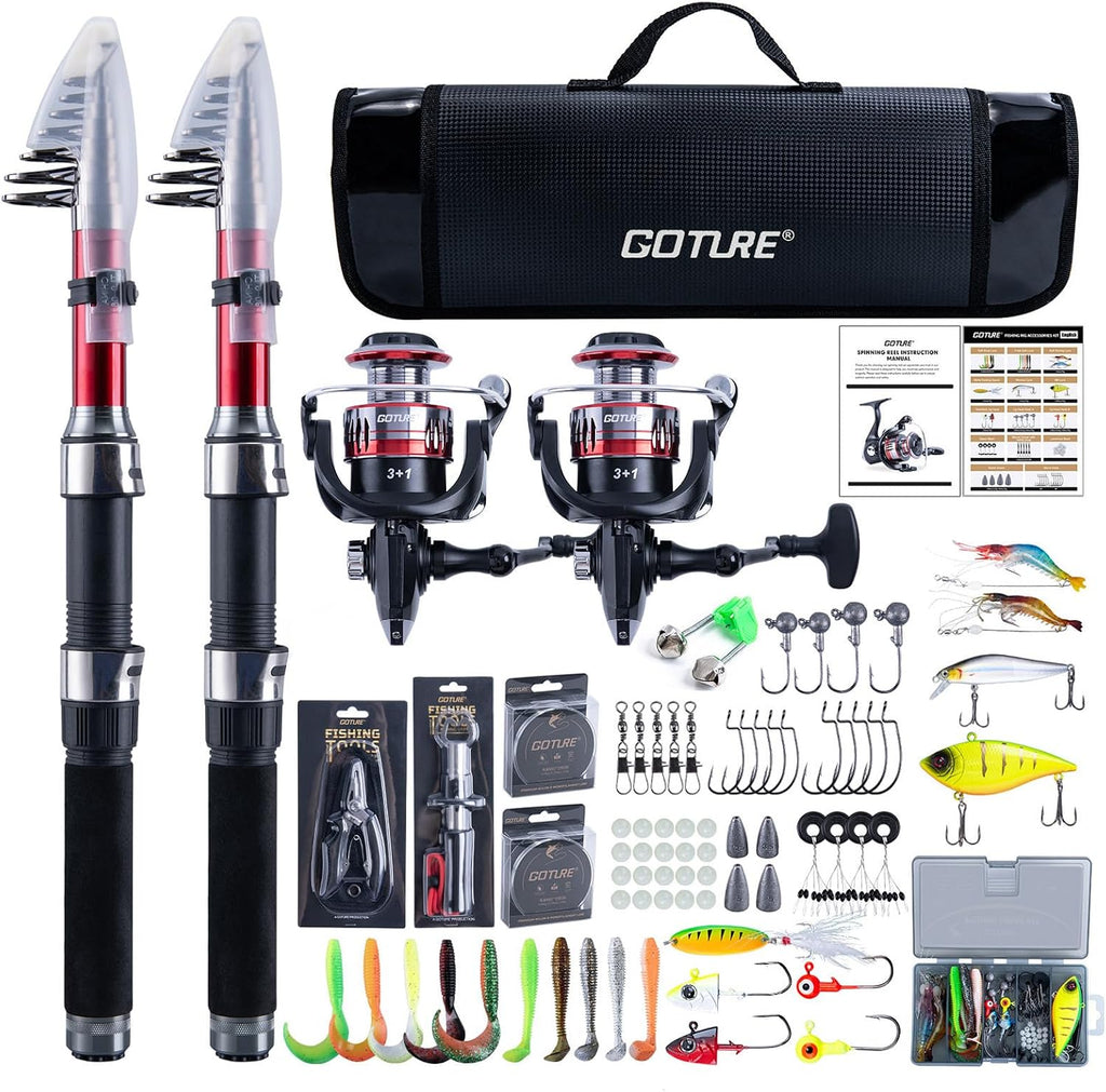 Goture Paquete de 2 cañas de pescar y carrete combinado con bolsa de