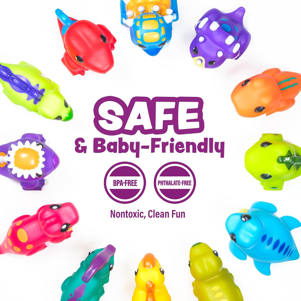 Tub Works® Juguetes de baño de dinosaurio sin moho, paquete de 12 | Diseño de juguetes de baño sellados sin agujeros que mantiene la humedad fuera | Suave, exprimible y flota en el agua | Juego de juguetes de baño para bebés y niños pequeños de fácil agar