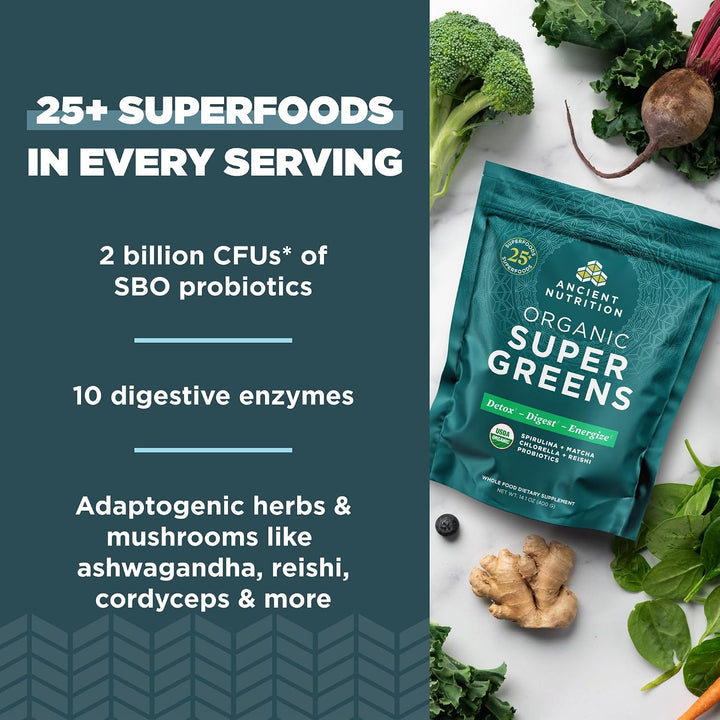 Ancient Nutrition Super Greens Powder - Polvo de superalimento orgá...
