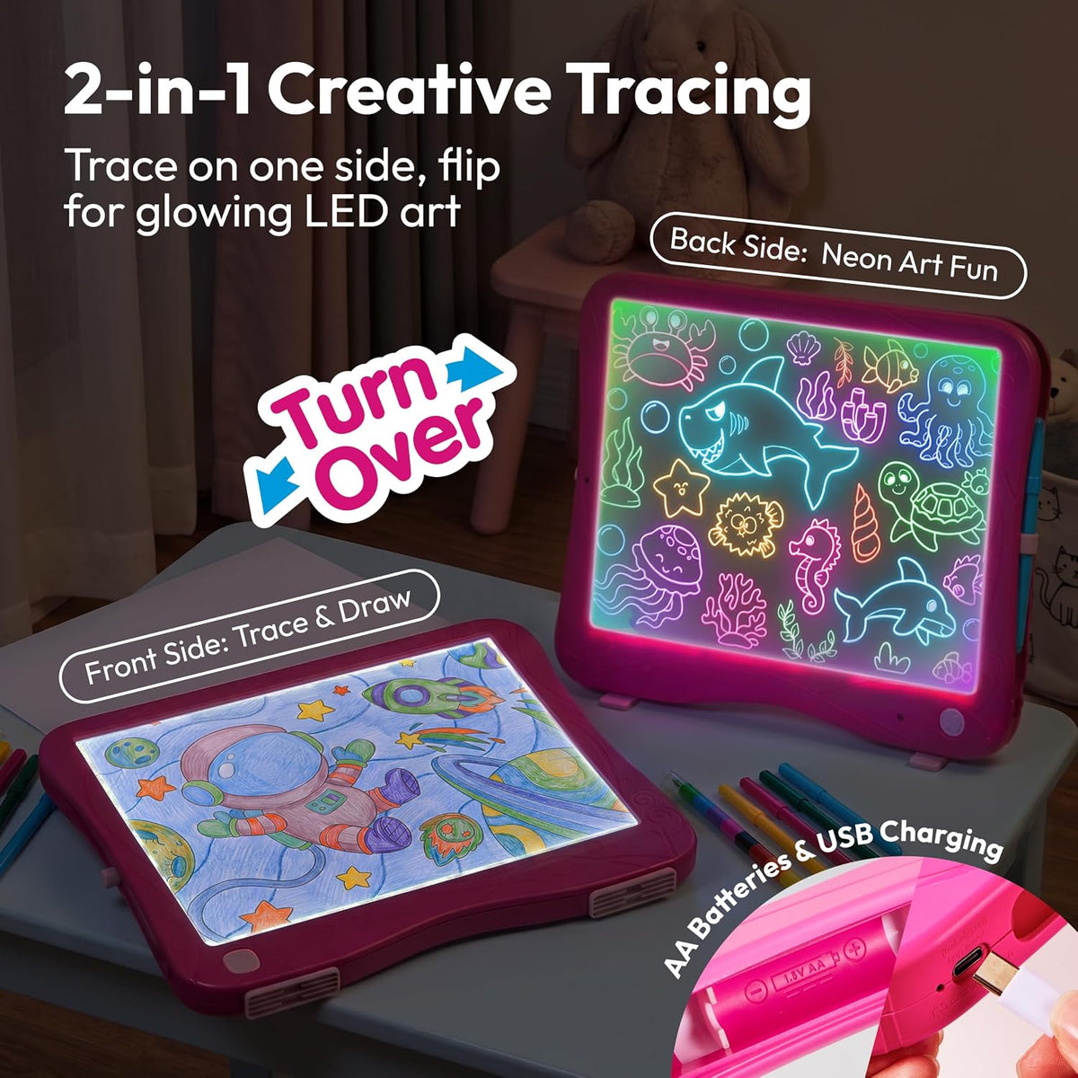 JOVA Klever Kits - Tableta de dibujo de neón 2 en 1 y almohadilla de rastreo iluminada, 4 modos de iluminación, tablero de arte LED para niños, artes y manualidades