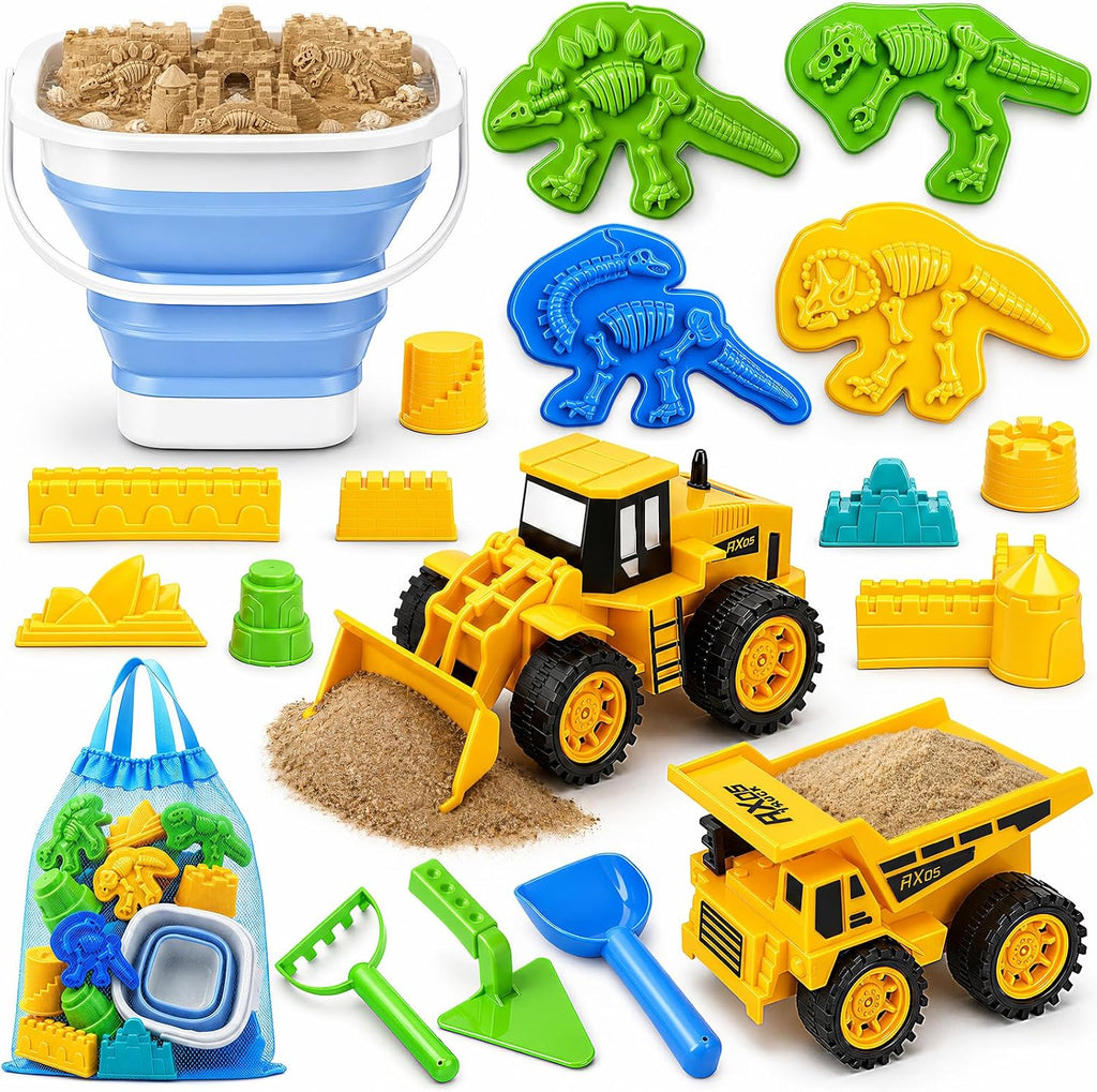 TOY Life Juego de arena de playa de dinosaurio de 22 piezas, 2 autos de