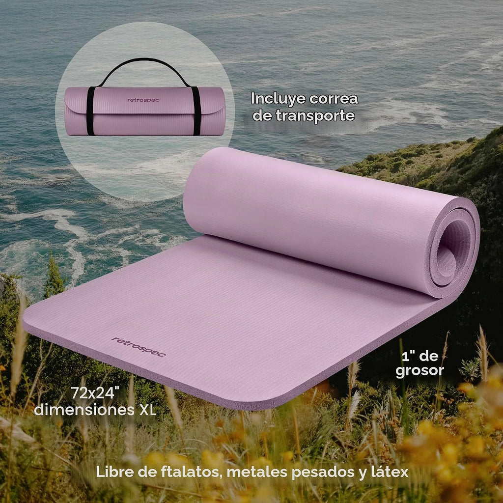 Retrospec Solana - Tapete de yoga de 1 pulgada de grosor con correa de nailon, unisex, antideslizante, para yoga, pilates, estiramiento, ejercicios en el suelo y entrenamiento físico