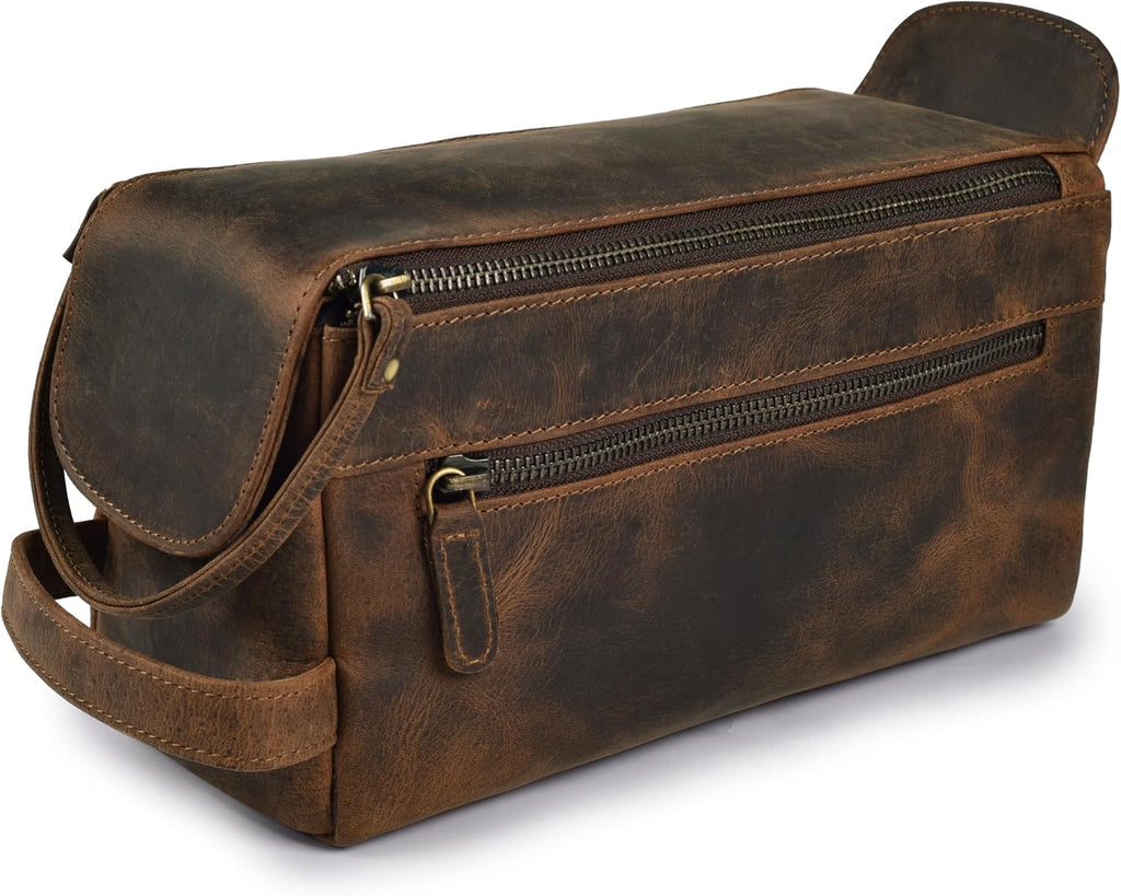 LEATHER VILLAGE Neceser de viaje de cuero genuino para hombres y mujeres, marrón