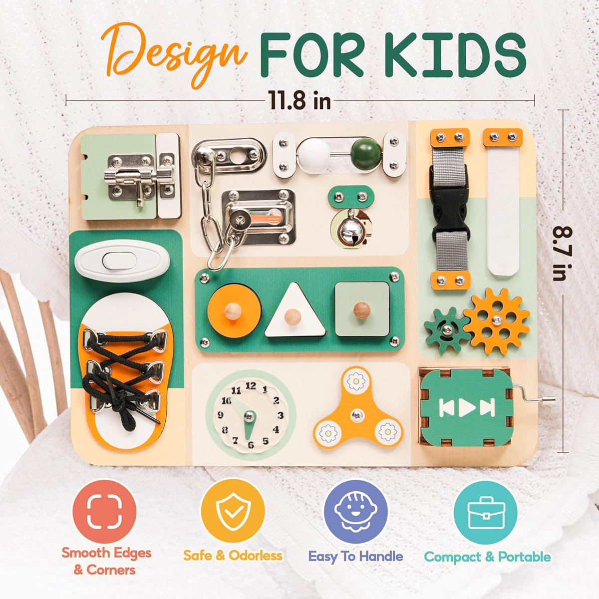 Montessori - Tabla de actividades sensoriales para bebés y niños pequeños de 1 a 3 años, tabla de actividades sensoriales de madera con 13 actividades, cerraduras y pestillos de metal real, juguete educativo para habilidades motoras finas para niños de 1,