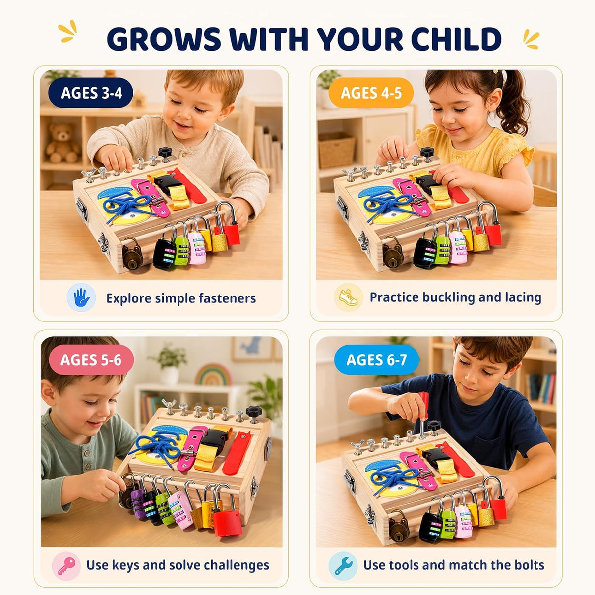 Montessori - Tabla de madera para niños y niñas de 3 a 5 años