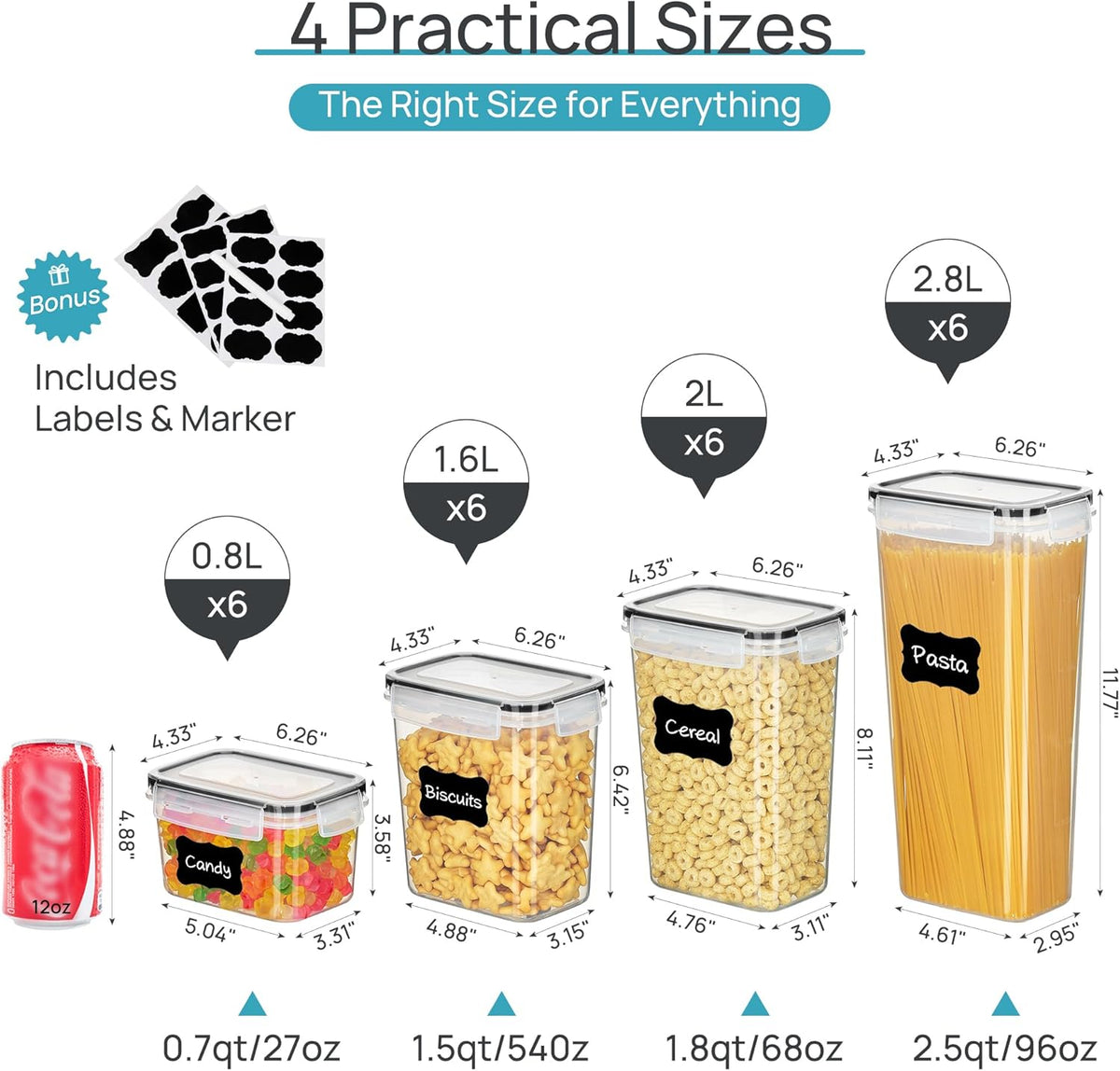 Recipientes herméticos para almacenamiento de alimentos con tapas, Vtopmart 24 piezas recipientes de plástico para organización de cocina y despensa para cereales, alimentos secos, harina y azúcar
