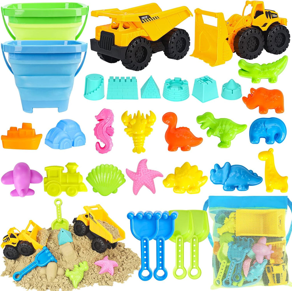 Juguetes de playa con 2 camiones, cubos plegables para niños de