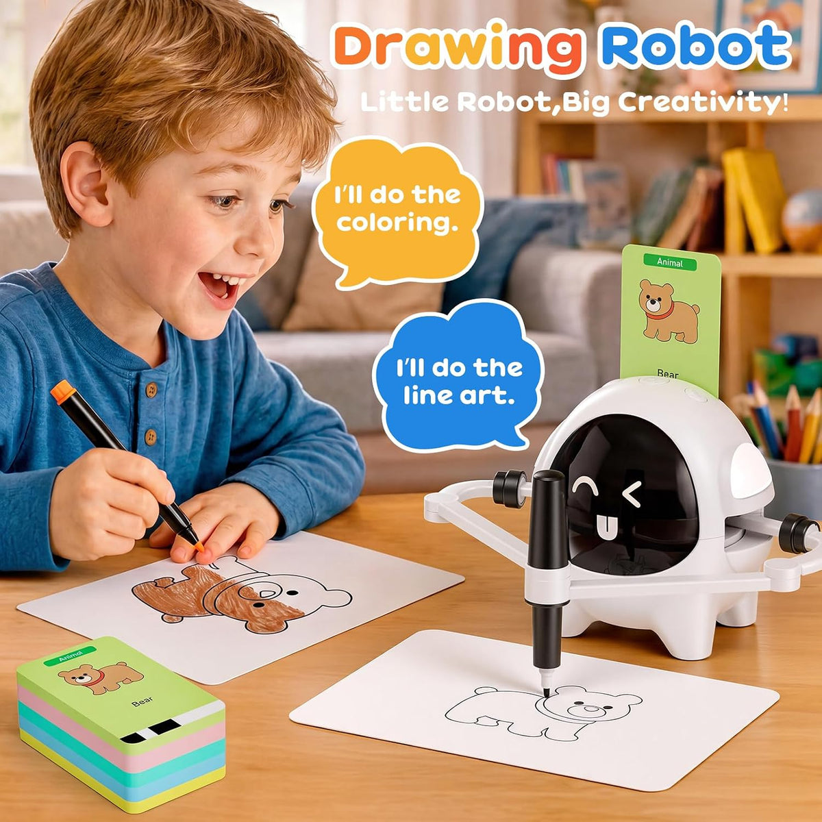 Robot de dibujo con 200 tarjetas Montessori Learning Toys para niños de 3