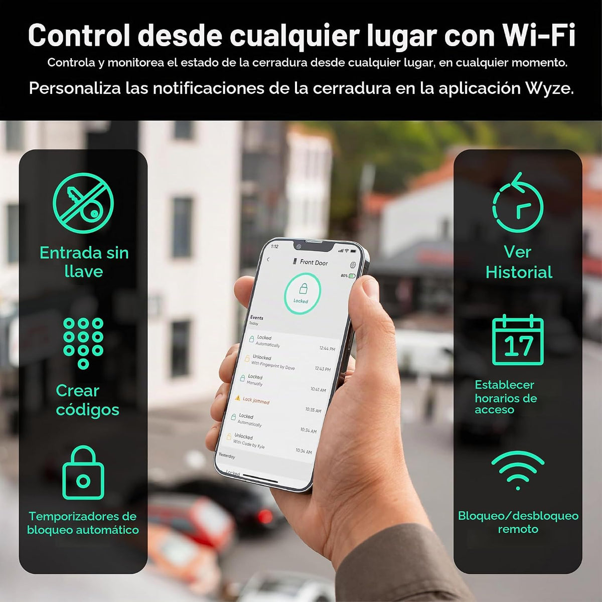 Wyze Auto-Lock Bolt v2, Control de Acceso sin Llave con Huella dactilar, Cerradura Inteligente con Escáner de Aprendizaje AI y Wi-Fi para Puerta Principal, Cerradura de Pestillo con Cierre Automático, Batería de 8 Meses, BHMA2, IP53, Teclado Anti‑Mirada
