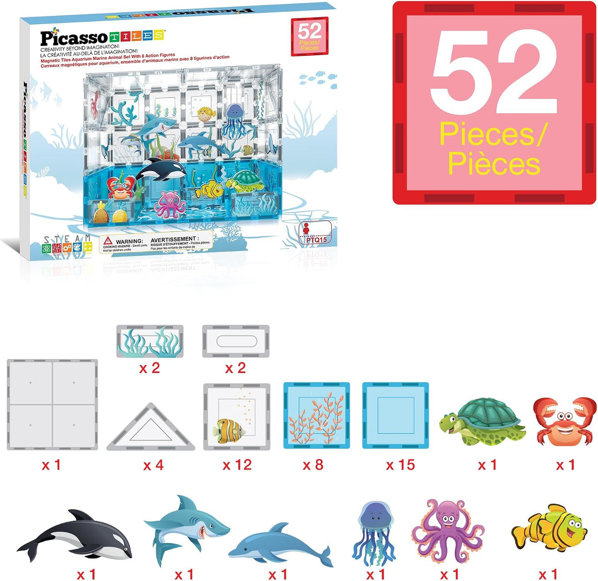PicassoTiles Azulejos Magnéticos Bloques de construcción magnéticos para acuario, juego temático de animales marinos con 8 figuras de acción de personajes, tiburón, cangrejo, tortuga, juguetes STEM
