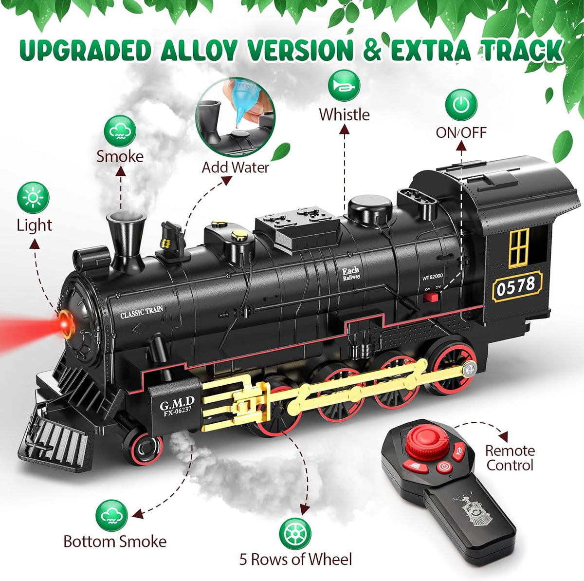 Hot Bee RC Train Set para Kids, Alloy Steam Locomotive con Cars y Tracks