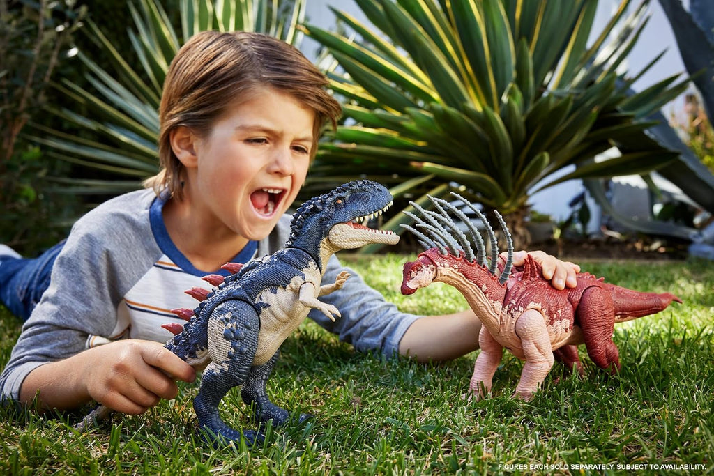Mattel Jurassic World Figura de acción de rastreadores gigantes, juguete de dinosaurio Mapusaurus con ataque de rabieta de mordida mega, espinas traseras de evolución y juego digital