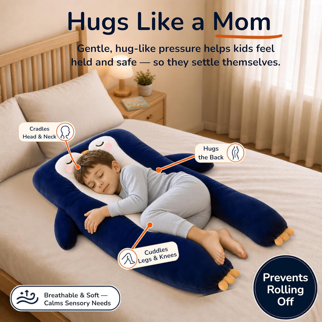 Almohada de cuerpo de pingüino para niños - Almohada de felpa larga en forma de U de 47" para niños, para dormir, leer, comodidad para TDAH y necesidades especiales, ansiedad, funda lavable