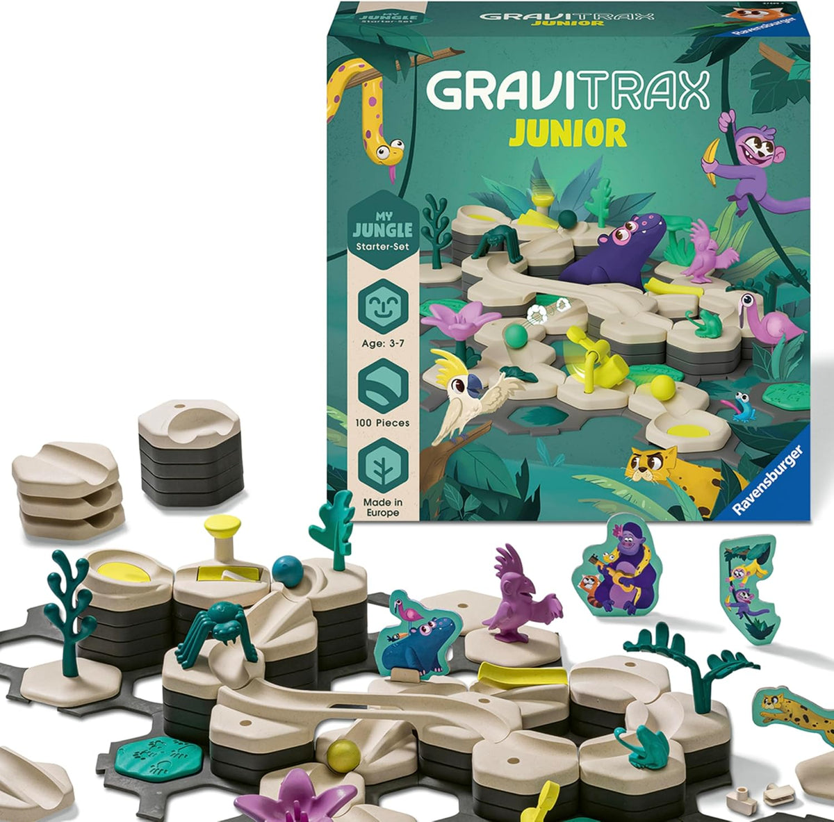 Ravensburger GraviTrax Junior Starter Set - My Jungle - Set de inicio GraviTrax Junior - Juego de carreras de canicas preescolar - Experiencia de construcción divertida - Compatible con STEM, aprendizaje interactivo - Acreditado por malla