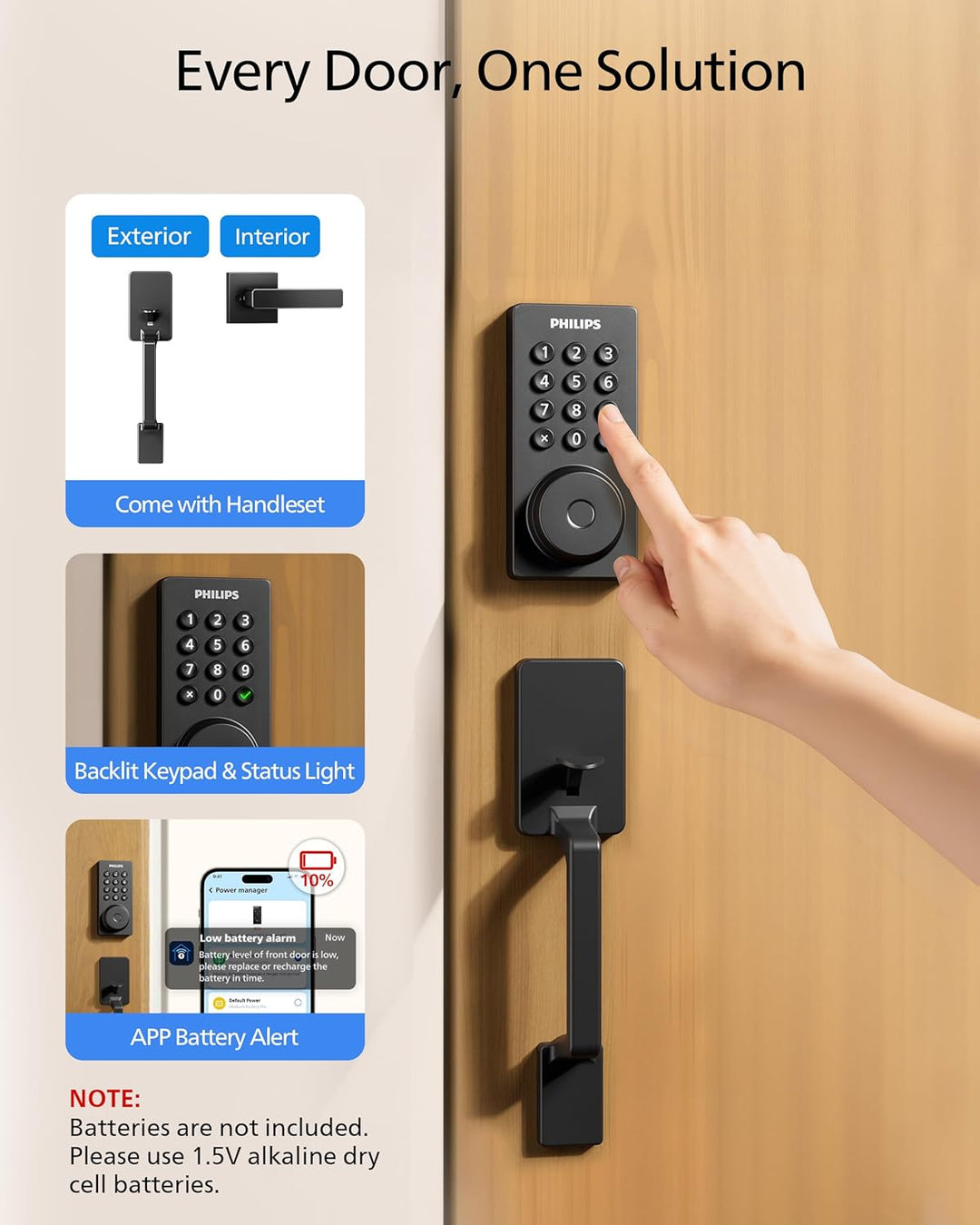 Cerradura inteligente Wi-Fi Philips con cerrojo de puerta y manija,...