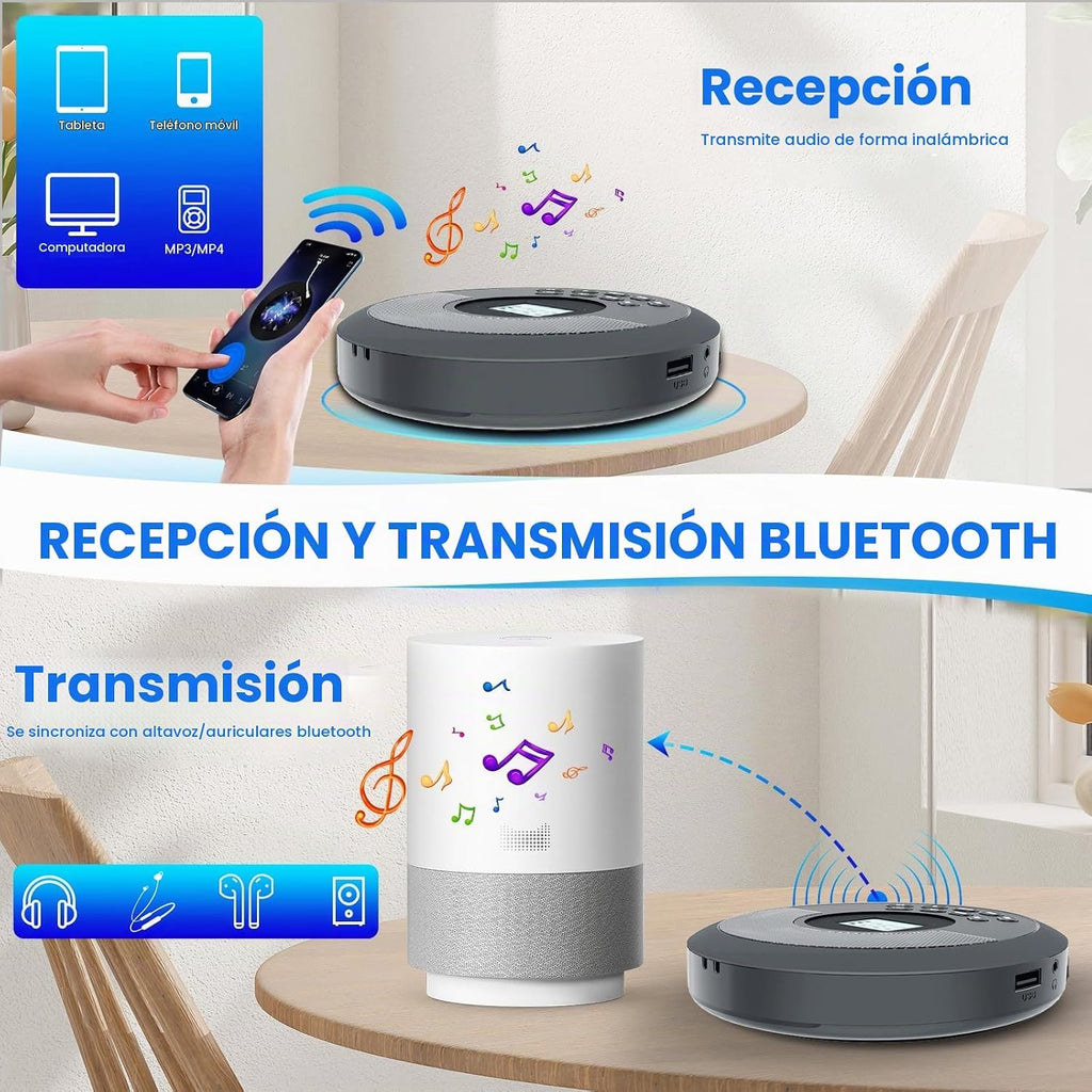 Reproductor de CD portátil Bluetooth con altavoces y auriculares