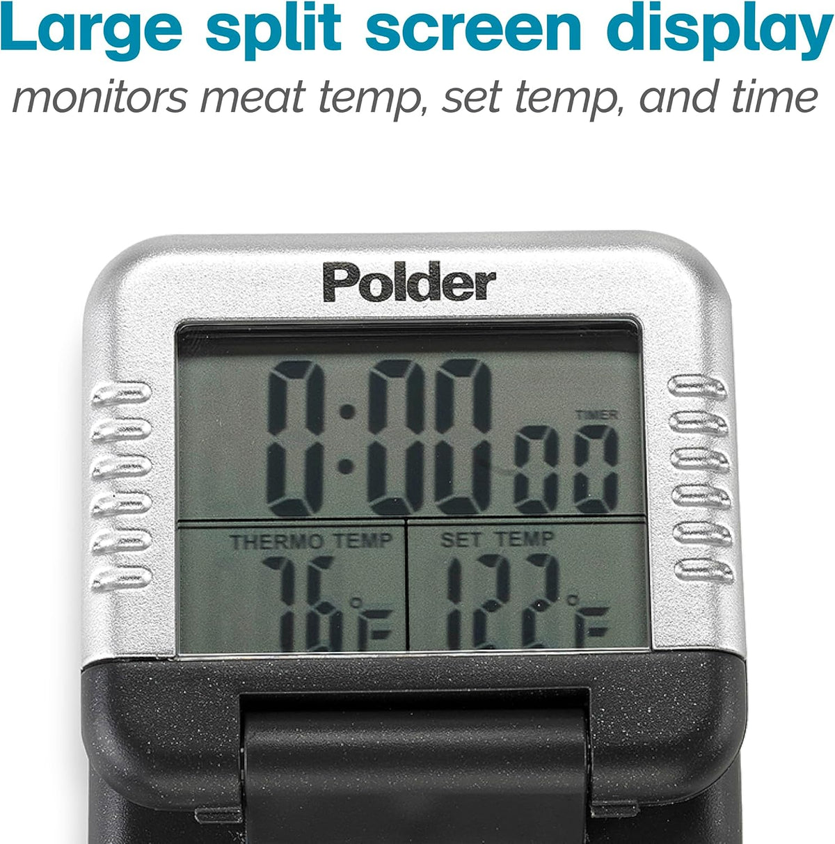Polder - Termómetro digital clásico y temporizador, termómetro para carne para cocinar, sonda de acero inoxidable, temporizador de cuenta regresiva de 24 horas con cable de silicona de alta