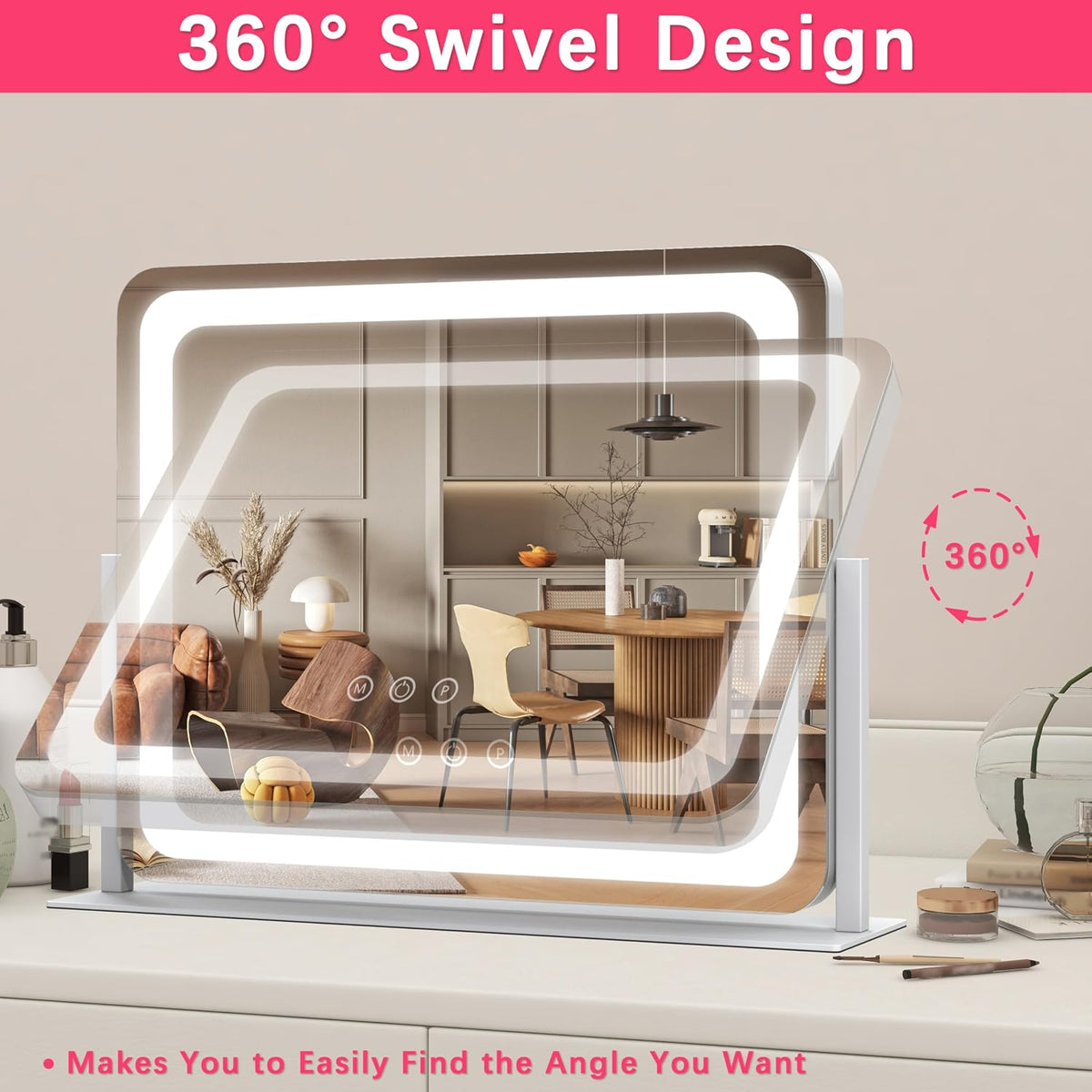 ROLOVE Espejo de tocador grande con luces, espejo de maquillaje iluminado de 22 x 17 pulgadas para escritorio, 3 luces LED regulables de color, control táctil inteligente y rotación de 360° (blanco)