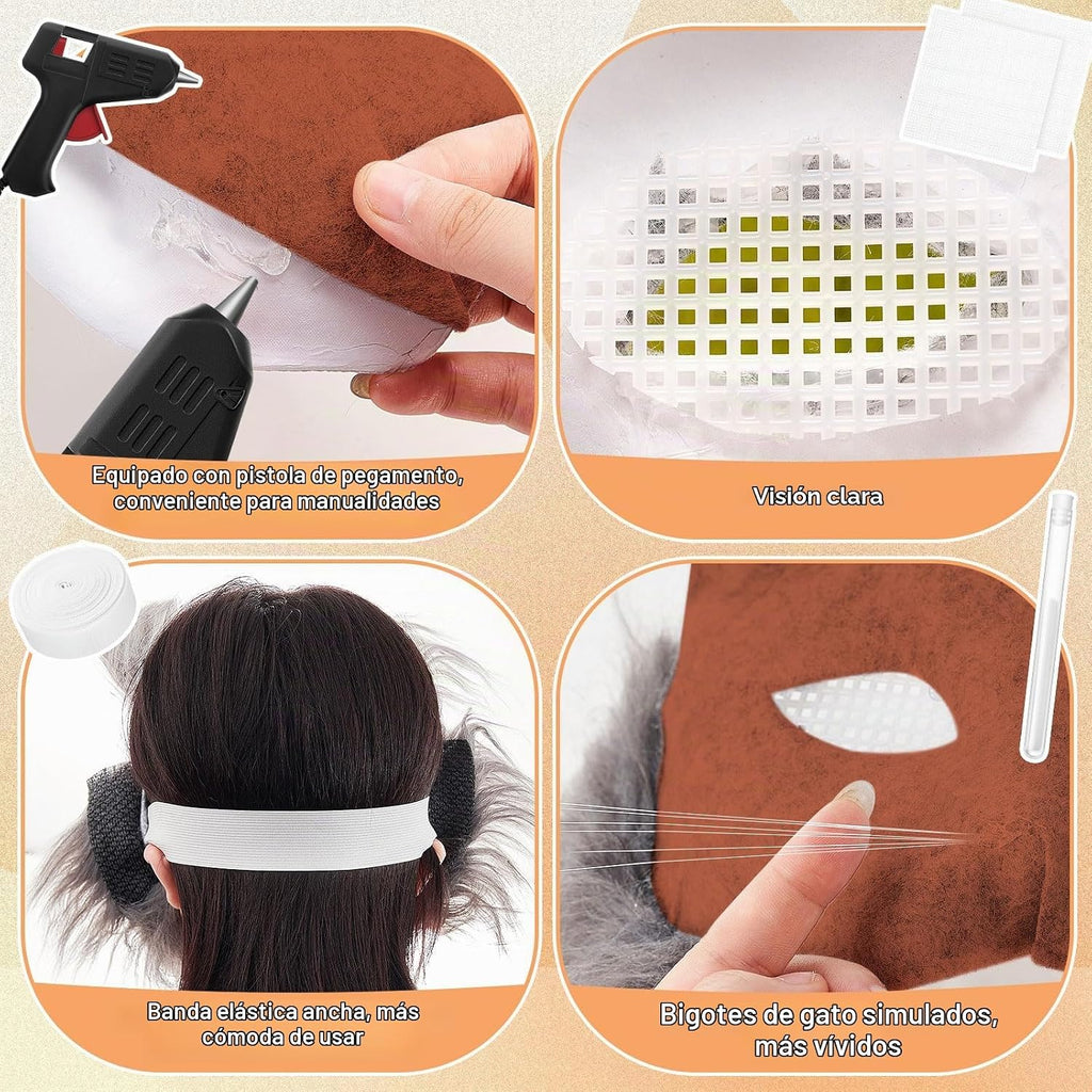 Kit de Máscara DIY Therian de 33 Piezas para Principiantes Incluye Máscara de Gato en Blanco, Tela de Piel Sintética, Tela de Fieltro, Malla de Plástico (Colores Brillantes)