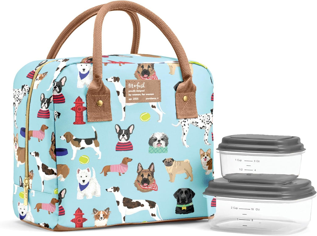 Fit & Fresh Bolsa de almuerzo aislada para mujer, caja grande a prueba de fugas y resistente a las manchas con contenedores, cierre de cremallera, Bloomington, tema de perros