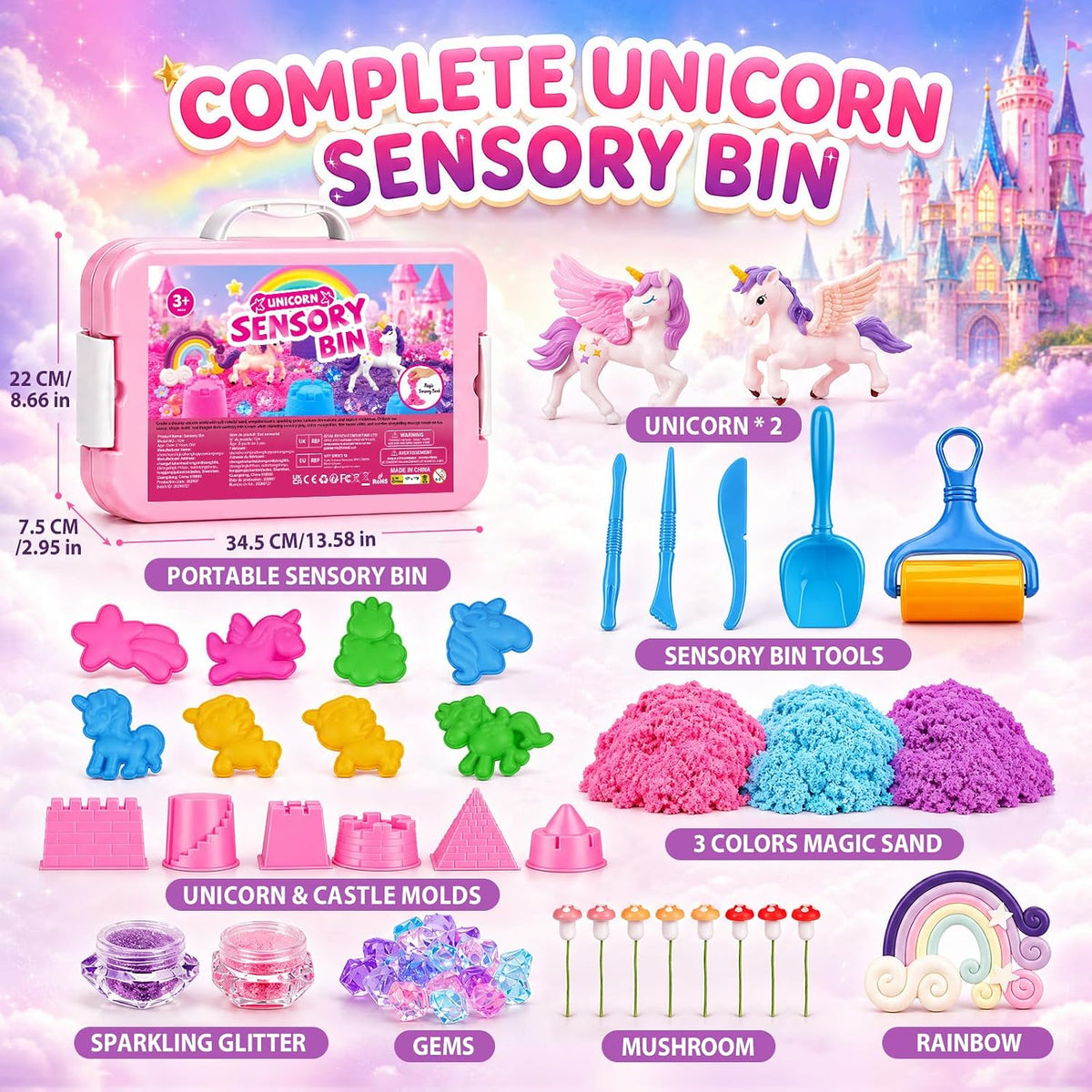 Cubo sensorial de unicornio para niños, kit de arte de arena mágica regalos