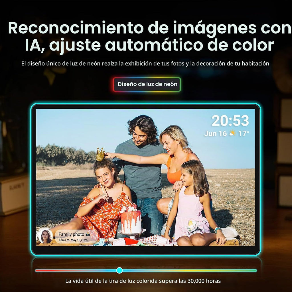 ApoloSign Marco de fotos digital con luz de neón de 14 pulgadas, calendario digital de escritorio, programación de sincronización automática a través de la aplicación Frameo, pantalla táctil FHD de 2 K, LED que cambia de color | Comparte fotos y videos al