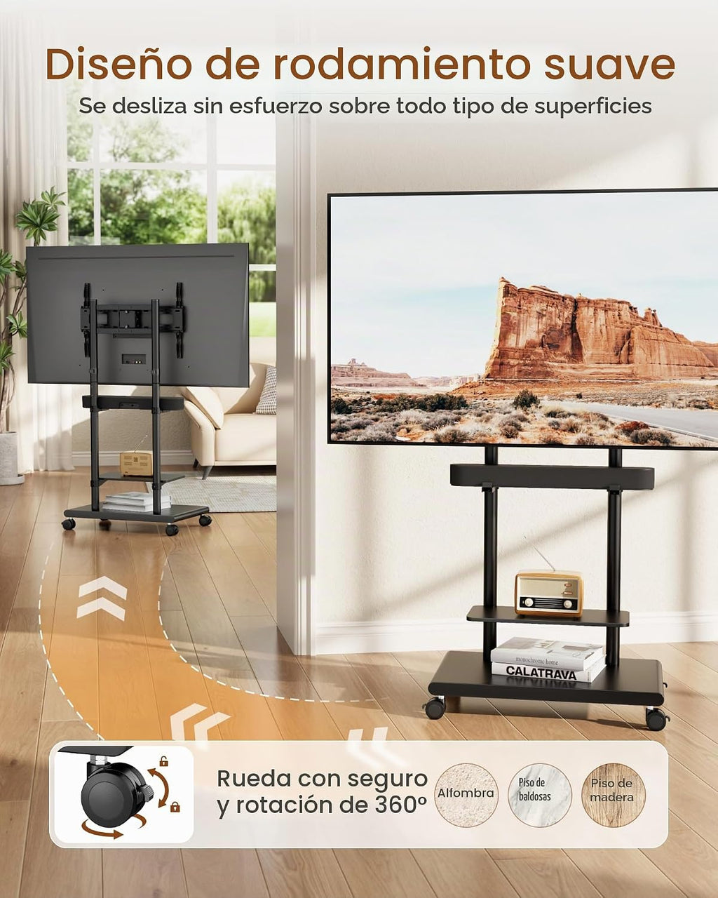 Soporte de TV rodante con soporte de barra de sonido para