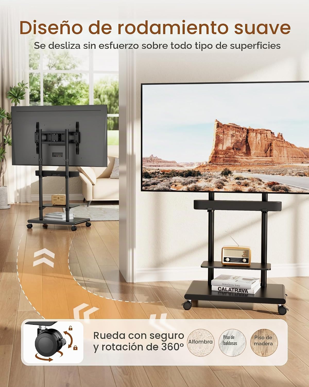 Soporte de TV rodante con soporte de barra de sonido para