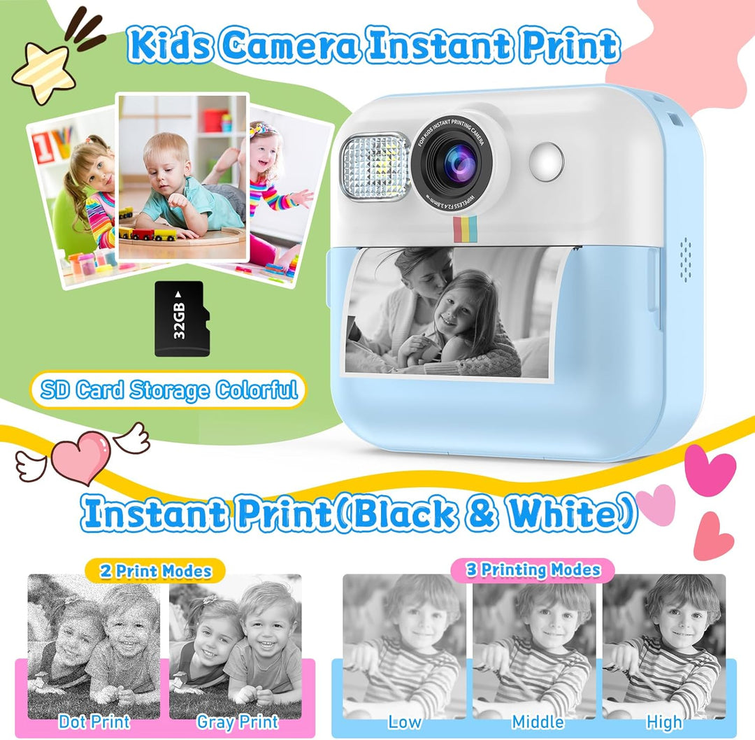 Dafotil Cámara infantil para niños, impresión instantánea 1080P, re...